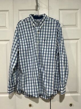 🤎 IZOD Men’s Blue White Yellow Plaid Long Sleeve Button Down Shirt - XL